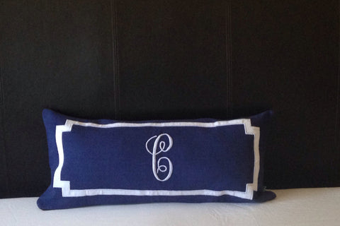 Long Lumbar Oblong Pillows, Bedroom Decor, Monogram Lumbar Pillows, Personalized Navy Blue Monogram Throw Pillow Cover 12"x 24"