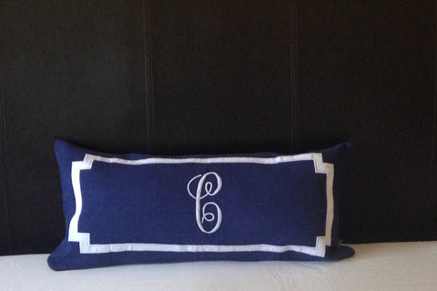 Long Lumbar Oblong Pillows, Bedroom Decor, Monogram Lumbar Pillows, Personalized Navy Blue Monogram Throw Pillow Cover 12"x 26"