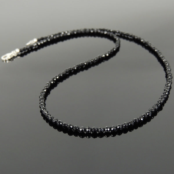 Men's Women 3mm Faceted Black Onyx 925 Sterling Silver Necklace Seamless Beads & Clasp DiyNotion Handmade NK136