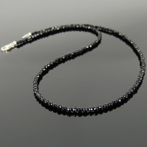 Men's Women 3mm Faceted Black Onyx 925 Sterling Silver Necklace Seamless Beads & Clasp DiyNotion Handmade NK136