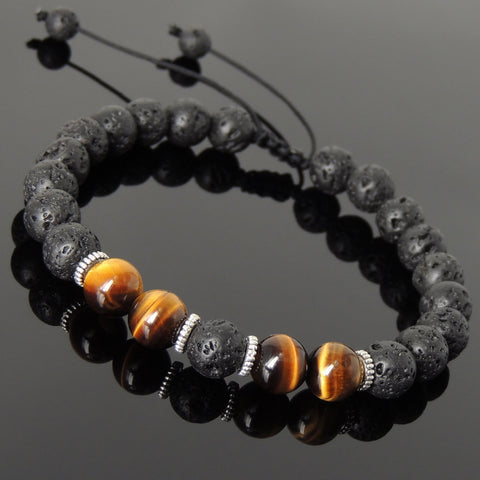Men's Women Lava Rock Brown Tiger Eye Adjustable Braided Bracelet Tibetan Silver Spacers DiyNotion TSB272