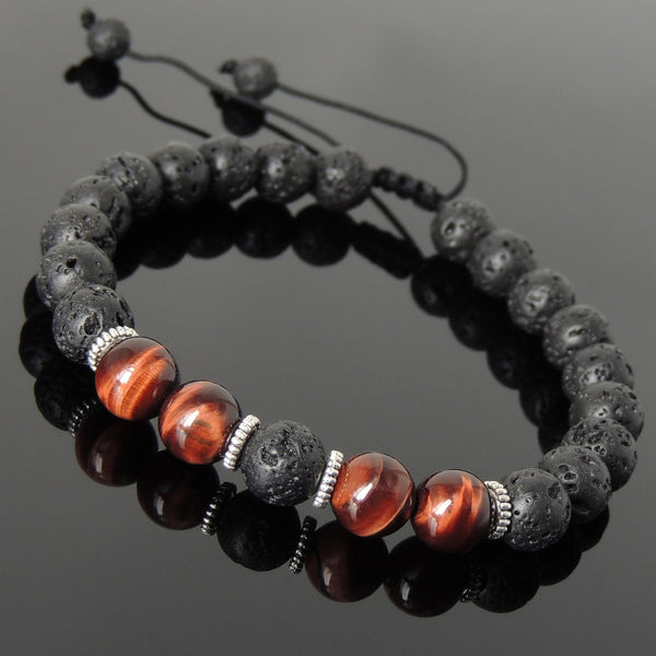 Men's Women Lava Rock Red Tiger Eye Adjustable Braided Bracelet Tibetan Silver Spacers DiyNotion TSB273