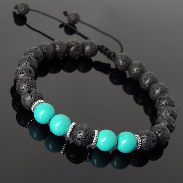 Men's Women Lava Rock Enhanced Turquoise Adjustable Braided Bracelet Tibetan Silver Spacers DiyNotion TSB274