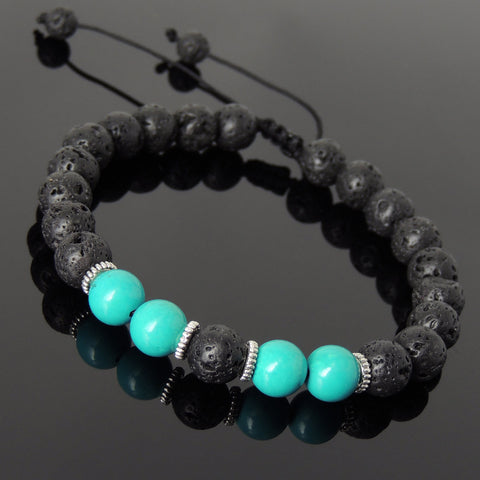 Men's Women Lava Rock Enhanced Turquoise Adjustable Braided Bracelet Tibetan Silver Spacers DiyNotion TSB274