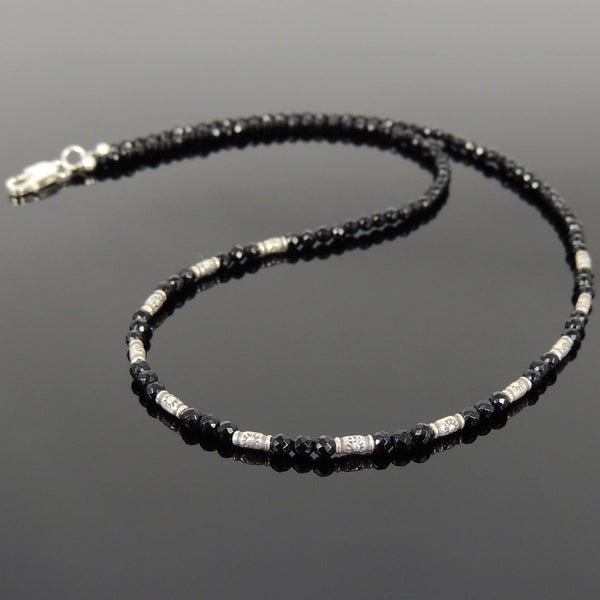 Men's Women 3mm Faceted Black Onyx 925 Sterling Silver Necklace Barrel Beads, Seamless Beads & Clasp DiyNotion Handmade NK137