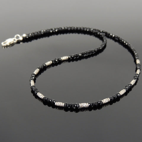 Men's Women 3mm Faceted Black Onyx 925 Sterling Silver Necklace Barrel Beads, Seamless Beads & Clasp DiyNotion Handmade NK137