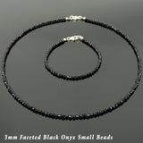 Men's Women 3mm Faceted Black Onyx 925 Sterling Silver Necklace Bracelet Set DiyNotion Handmade NK136_BR871