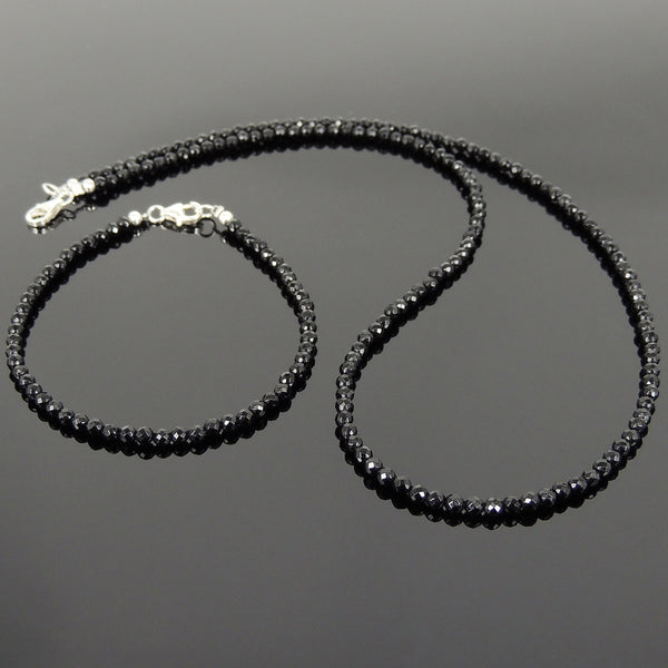 Men's Women 3mm Faceted Black Onyx 925 Sterling Silver Necklace Bracelet Set DiyNotion Handmade NK136_BR871