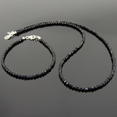Men's Women 3mm Faceted Black Onyx 925 Sterling Silver Necklace Bracelet Set DiyNotion Handmade NK136_BR871