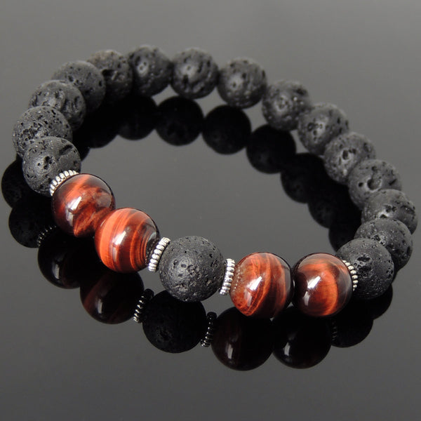 Men's Women Bracelet Lava Rock Red Tiger Eye Tibetan Silver Yoga Mala DiyNotion Handmade T278
