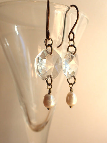 Vintage Crystal & Pearl Earrings, Chandelier Crystal, Natural Fresh Water Pearl Drops, Antique Brass Ear Wires, Gift Earrings CPE279