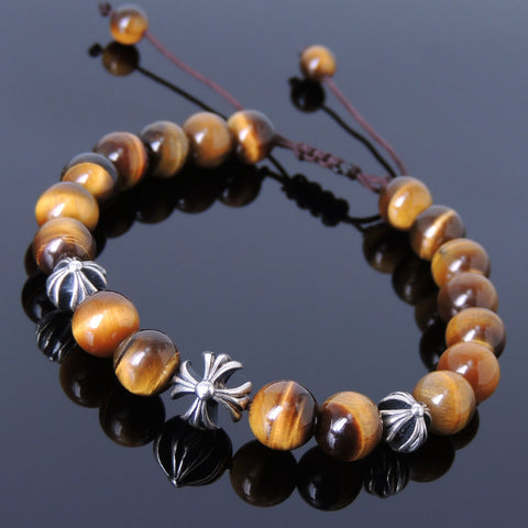 Men's Women Brown Tiger Eye Adjustable Braided Bracelet 925 Sterling Silver Cross Beads DiyNotion BR838