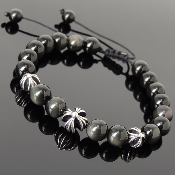 Men's Women Black Obsidian Adjustable Braided Bracelet 925 Sterling Silver Cross Beads DiyNotion BR837