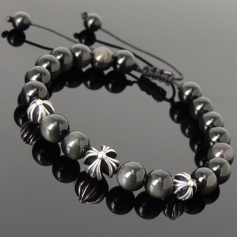 Men's Women Black Obsidian Adjustable Braided Bracelet 925 Sterling Silver Cross Beads DiyNotion BR837