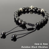 Men's Women Black Obsidian Adjustable Braided Bracelet 925 Sterling Silver Cross Beads DiyNotion BR837