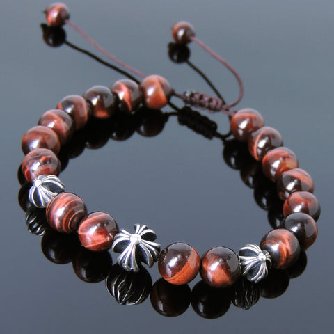 Men's Women Red Tiger Eye Adjustable Braided Bracelet 925 Sterling Silver Cross Beads DiyNotion BR839