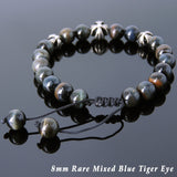 Men's Women Mixed Blue Tiger Eye Adjustable Braided Bracelet 925 Sterling Silver Cross Beads DiyNotion BR840