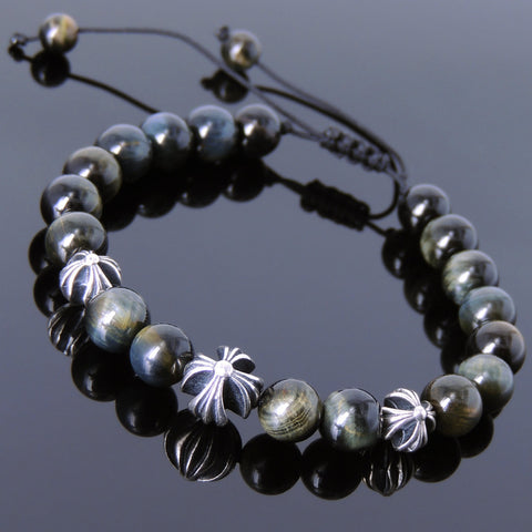 Men's Women Brown Blue Tiger Eye Adjustable Braided Bracelet 925 Sterling Silver Cross Beads DiyNotion BR841