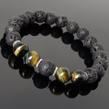 Men's Women Bracelet Lava Rock Brown Blue Tiger Eye Tibetan Silver Yoga Mala DiyNotion Handmade T279