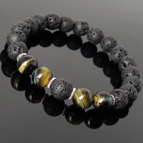 Men's Women Bracelet Lava Rock Brown Blue Tiger Eye Tibetan Silver Yoga Mala DiyNotion Handmade T279