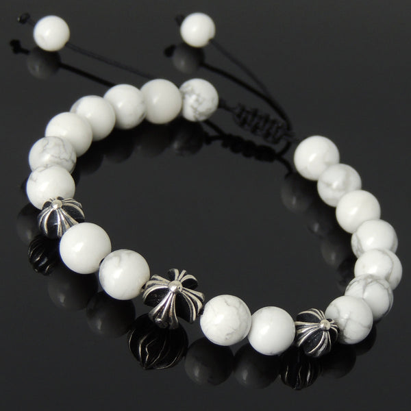Men's Women White Howlite Adjustable Braided Bracelet 925 Sterling Silver Cross Beads DiyNotion BR843