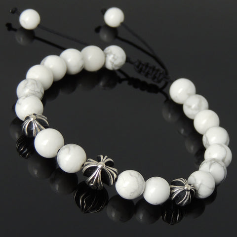 Men's Women White Howlite Adjustable Braided Bracelet 925 Sterling Silver Cross Beads DiyNotion BR843