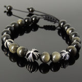 Men's Women Golden Obsidian Adjustable Braided Bracelet 925 Sterling Silver Cross Beads DiyNotion BR845