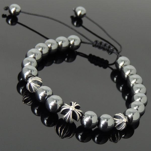 Men's Women Hematite Adjustable Braided Bracelet 925 Sterling Silver Cross Beads DiyNotion BR846