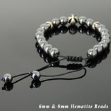 Men's Women Hematite Adjustable Braided Bracelet 925 Sterling Silver Cross Beads DiyNotion BR846