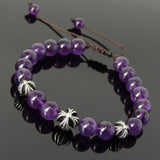 Men's Women Amethyst Adjustable Braided Bracelet 925 Sterling Silver Cross Beads DiyNotion BR847