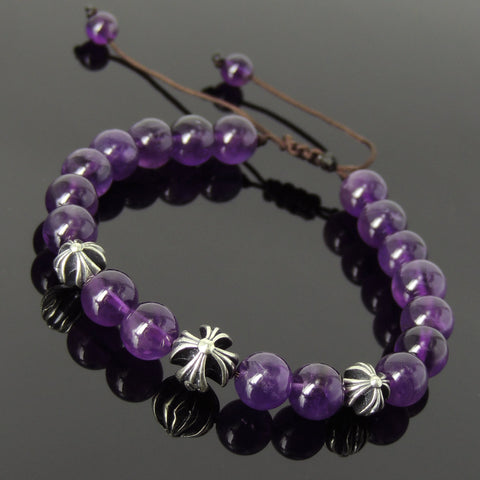 Men's Women Amethyst Adjustable Braided Bracelet 925 Sterling Silver Cross Beads DiyNotion BR847