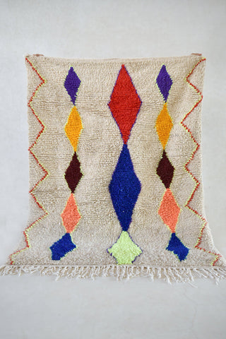 AZILAL. 5'9"x4' 6"Vintage Moroccan Rug. Wool Boucherouite Carpet. Modern Design.