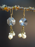Vintage Crystal & Pearl Earrings, Chandelier Crystal, Old Faux Pearl Cluster Drops, Antique Brass Ear Wires, Gift Earrings CPE121