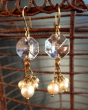 Vintage Crystal & Pearl Earrings, Chandelier Crystal, Old Faux Pearl Cluster Drops, Antique Brass Ear Wires, Gift Earrings CPE121