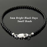 Men's Women 3mm Bright Black Onyx 925 Sterling Silver Bracelet DiyNotion Handmade BR875