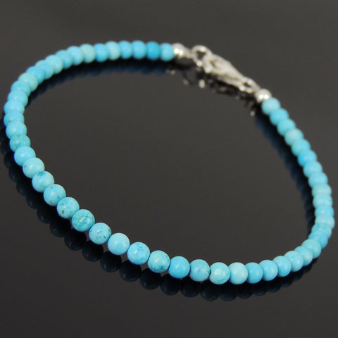 Men's Women 3mm Blue Turquoise 925 Sterling Silver Bracelet Gemstone DiyNotion Handmade BR876