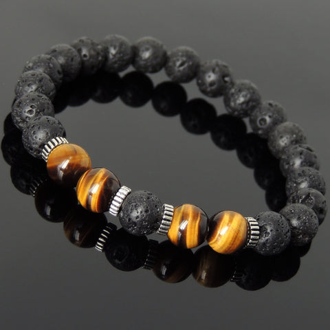 Men Women Lava Rock Brown Tiger Eye Bracelet 925 Sterling Silver Spacers DiyNotion Handmade BR1000