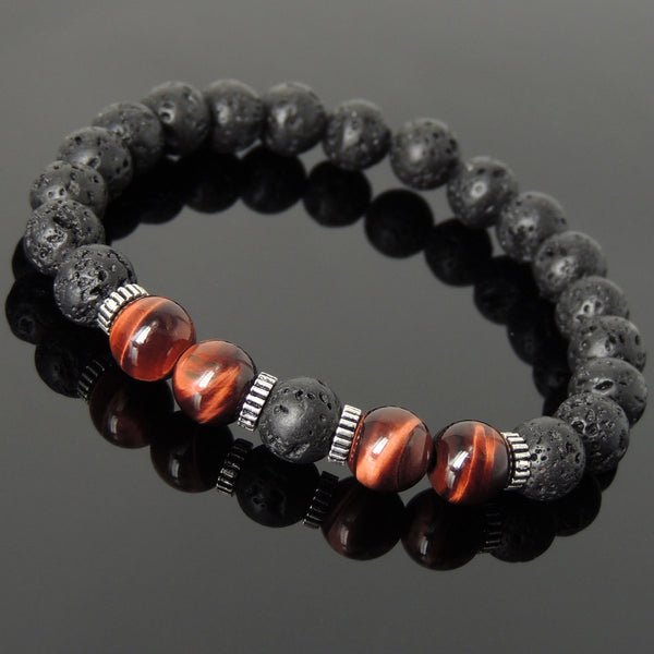Men Women Lava Rock Red Tiger Eye Bracelet 925 Sterling Silver Spacers DiyNotion Handmade BR1001