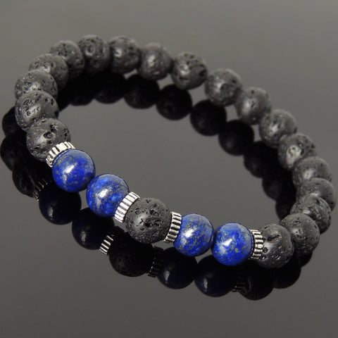 Men Women Lava Rock Lapis Lazuli Bracelet 925 Sterling Silver Spacers DiyNotion Handmade BR1005