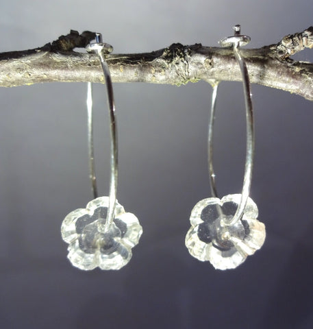 Vintage Clear Cut Crystal Glass Button Earrings, Antique Buttons, Hoop Earrings, Flower Earrings, Handmade Sterling Silver Hoops, CGE189
