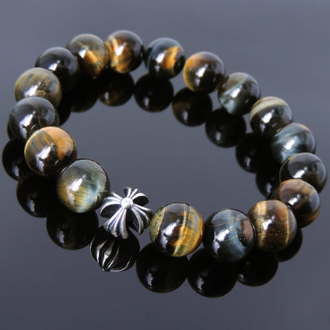 Men's Women Brown Blue Tiger Eye 925 Sterling Silver Bracelet Cross Bead DiyNotion Handmade BR882