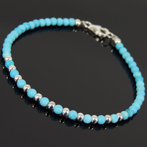 Men's Women 3mm Blue Turquoise 925 Sterling Silver Bracelet Gemstone DiyNotion Handmade BR883