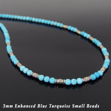 Men's Women 3mm Blue Turqouise 925 Sterling Silver Necklace Barrel Beads, Seamless Beads & Clasp DiyNotion Handmade NK139