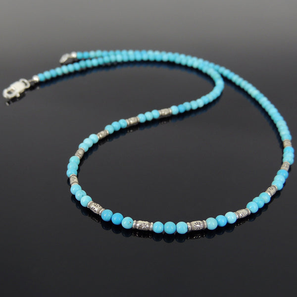 Men's Women 3mm Blue Turqouise 925 Sterling Silver Necklace Barrel Beads, Seamless Beads & Clasp DiyNotion Handmade NK139