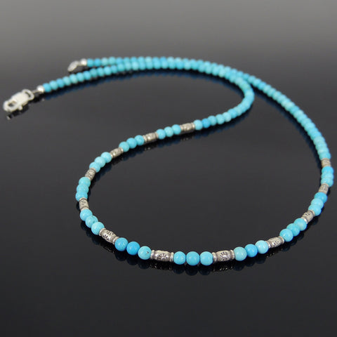 Men's Women 3mm Blue Turqouise 925 Sterling Silver Necklace Barrel Beads, Seamless Beads & Clasp DiyNotion Handmade NK139