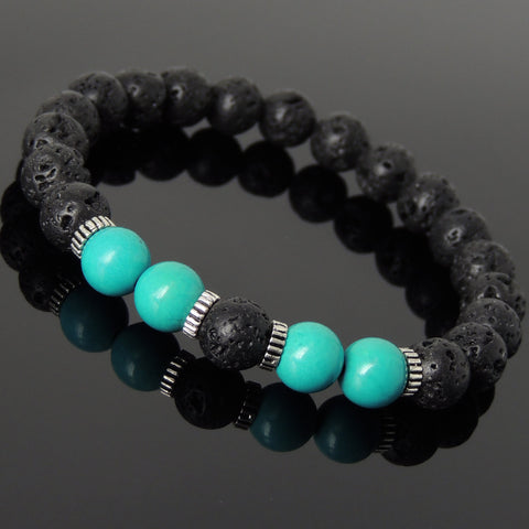 Men Women Lava Rock Enhanced Turquoise Bracelet 925 Sterling Silver Spacers DiyNotion Handmade BR1007