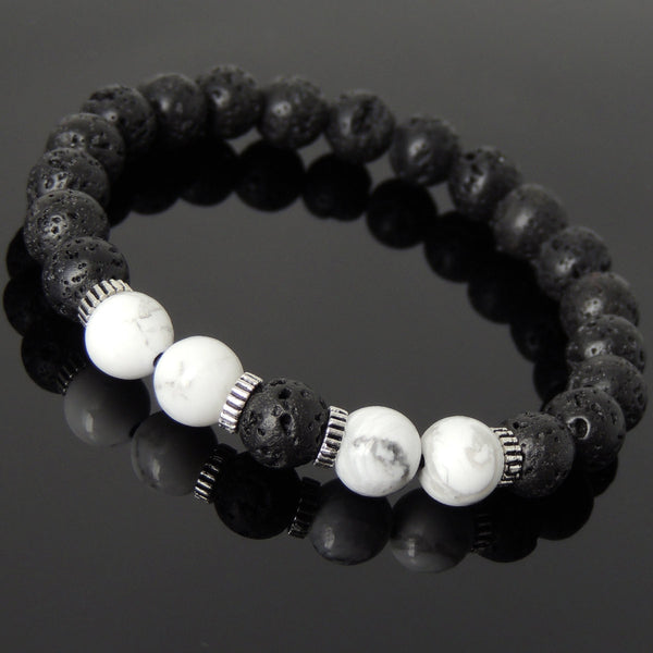 Men Women Lava Rock White Howlite Bracelet 925 Sterling Silver Spacers DiyNotion Handmade BR1008