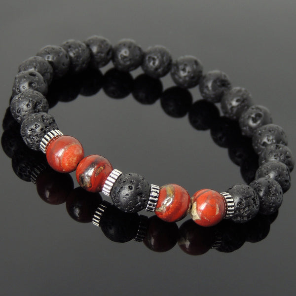 Men Women Lava Rock Red Jasper Stone Bracelet 925 Sterling Silver Spacers DiyNotion Handmade BR1009