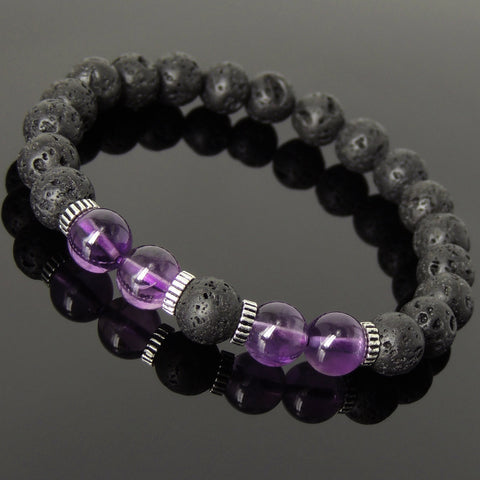 Men Women Lava Rock AAA Amethyst Bracelet 925 Sterling Silver Spacers DiyNotion Handmade BR1010