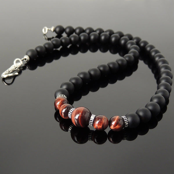 Men's Women Matte Black Onyx Red Tiger Eye Necklace 925 Sterling Silver Spacers Clasp DiyNotion Handmade NK164